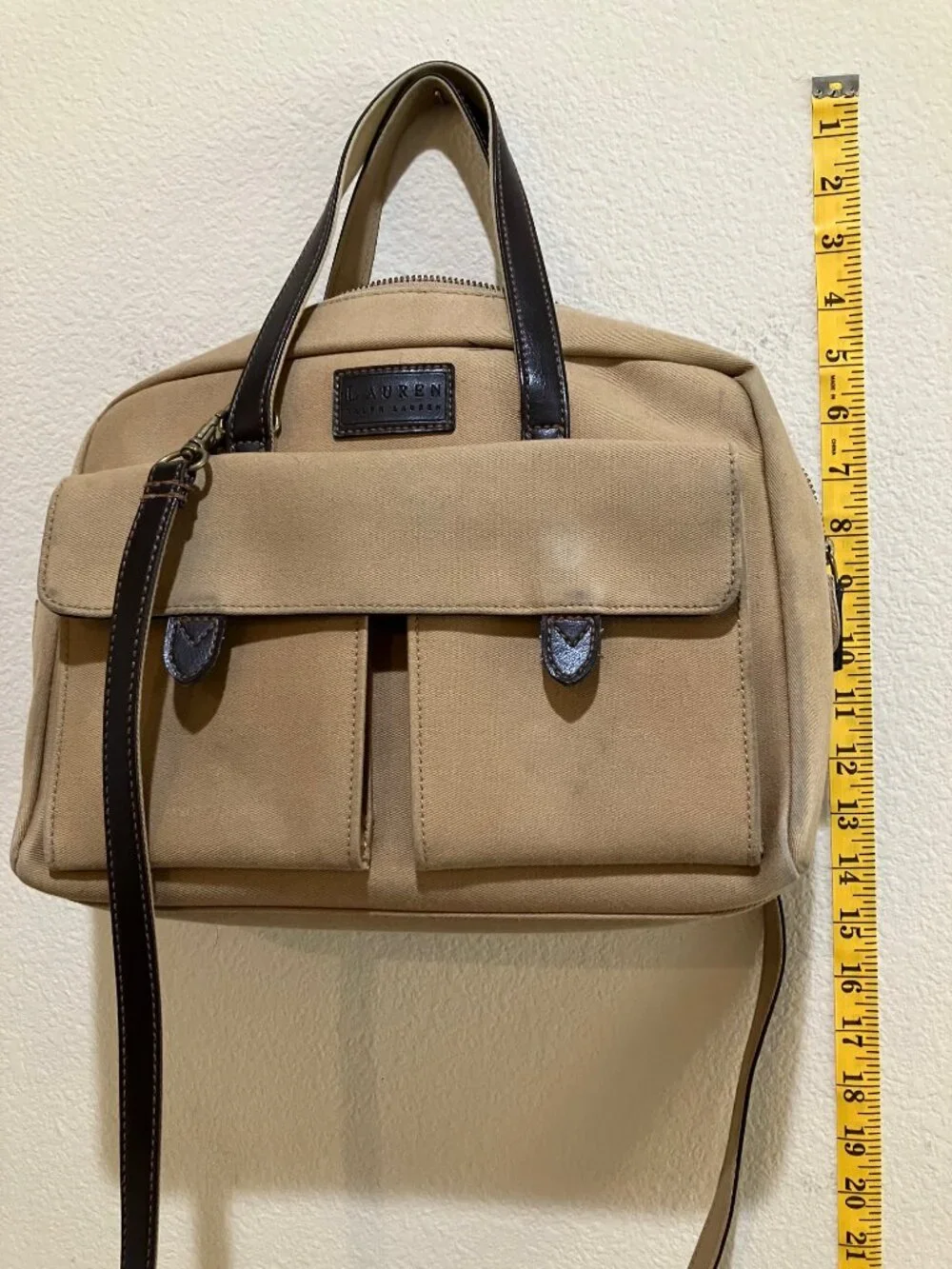 Lauren Ralph Lauren Vintage Canvas Leather Shoulder Satchel Tote Bag Beige Brown